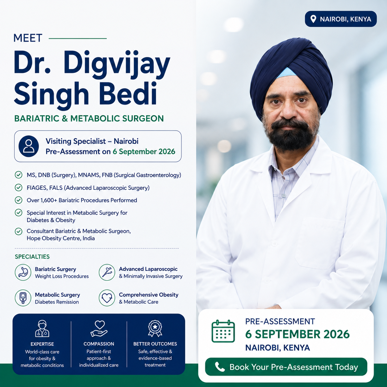Dr. Digvijay Singh Bedi, Bariatric & Metabolic Surgeon, visiting Nairobi for specialist pre-assessment on 6 September 2026